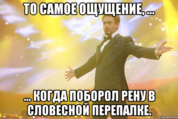 то самое ощущение, ... ... когда поборол рену в словесной перепалке., Мем Тони Старк (Роберт Дауни младший)