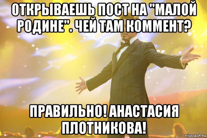 открываешь пост на "малой родине". чей там коммент? правильно! анастасия плотникова!, Мем Тони Старк (Роберт Дауни младший)