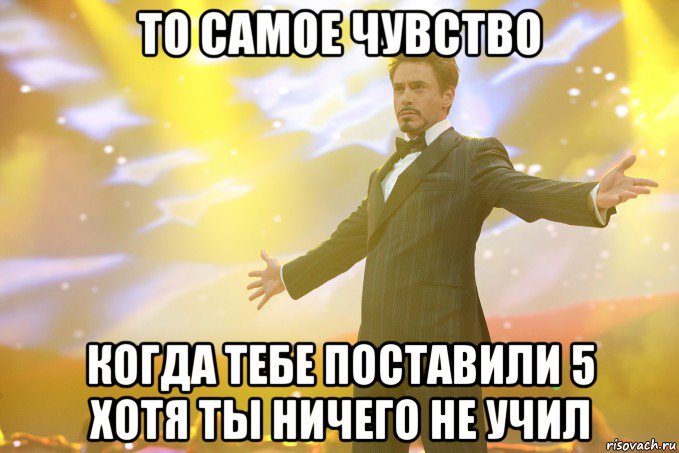 то самое чувство когда тебе поставили 5 хотя ты ничего не учил, Мем Тони Старк (Роберт Дауни младший)