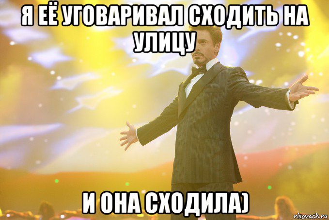 я её уговаривал сходить на улицу и она сходила), Мем Тони Старк (Роберт Дауни младший)