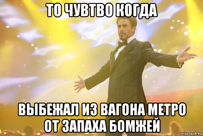 то чувтво когда выбежал из вагона метро от запаха бомжей, Мем Тони Старк (Роберт Дауни младший)