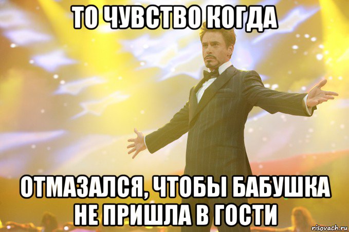 то чувство когда отмазался, чтобы бабушка не пришла в гости, Мем Тони Старк (Роберт Дауни младший)