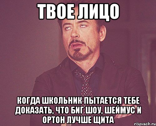 твое лицо когда школьник пытается тебе доказать, что биг шоу, шеймус и ортон лучше щита, Мем твое выражение лица