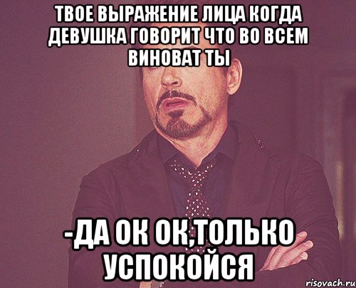 твое выражение лица когда девушка говорит что во всем виноват ты -да ок ок,только успокойся, Мем твое выражение лица