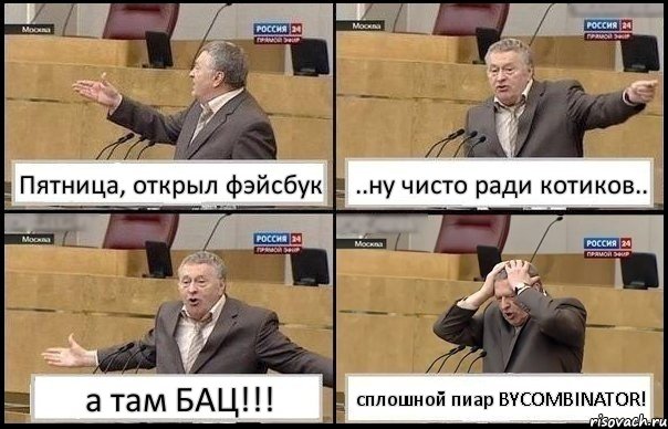 Пятница, открыл фэйсбук ..ну чисто ради котиков.. а там БАЦ!!! сплошной пиар BYCOMBINATOR!, Комикс Жирик в шоке хватается за голову