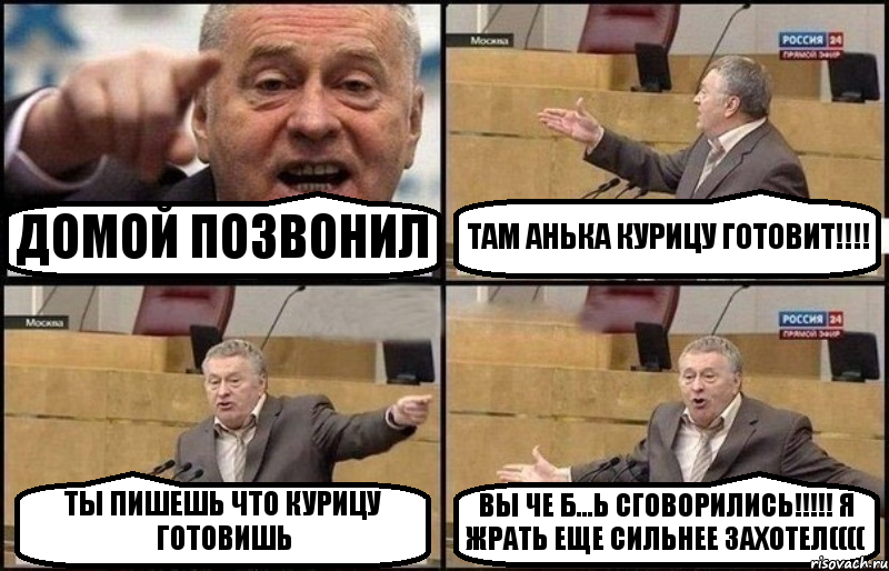 ДОМОЙ ПОЗВОНИЛ ТАМ АНЬКА КУРИЦУ ГОТОВИТ!!! ТЫ ПИШЕШЬ ЧТО КУРИЦУ ГОТОВИШЬ ВЫ ЧЕ Б...Ь СГОВОРИЛИСЬ!!! Я ЖРАТЬ ЕЩЕ СИЛЬНЕЕ ЗАХОТЕЛ((((, Комикс Жириновский