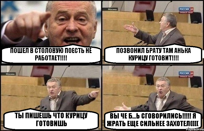 ПОШЕЛ В СТОЛОВУЮ ПОЕСТЬ НЕ РАБОТАЕТ!!! ПОЗВОНИЛ БРАТУ ТАМ АНЬКА КУРИЦУ ГОТОВИТ!!! ТЫ ПИШЕШЬ ЧТО КУРИЦУ ГОТОВИШЬ ВЫ ЧЕ Б...Ь СГОВОРИЛИСЬ!!! Я ЖРАТЬ ЕЩЕ СИЛЬНЕЕ ЗАХОТЕЛ((((, Комикс Жириновский