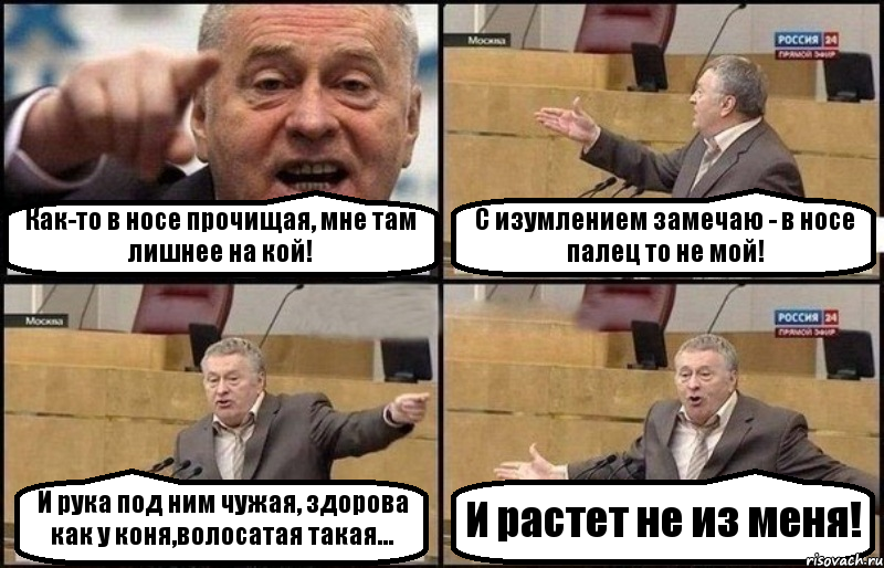 Как-то в носе прочищая, мне там лишнее на кой! С изумлением замечаю - в носе палец то не мой! И рука под ним чужая, здорова как у коня,волосатая такая... И растет не из меня!, Комикс Жириновский