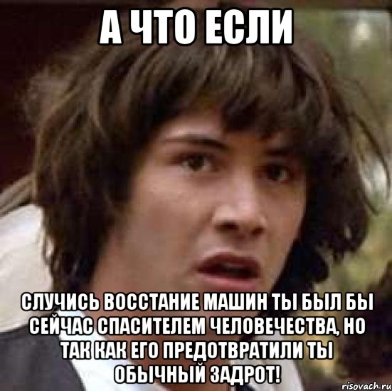 а что если случись восстание машин ты был бы сейчас спасителем человечества, но так как его предотвратили ты обычный задрот!, Мем А что если (Киану Ривз)