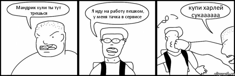 Мандрик хули ты тут трешься Я иду на работу пешком, у меня тачка в сервисе купи харлей сукаааааа