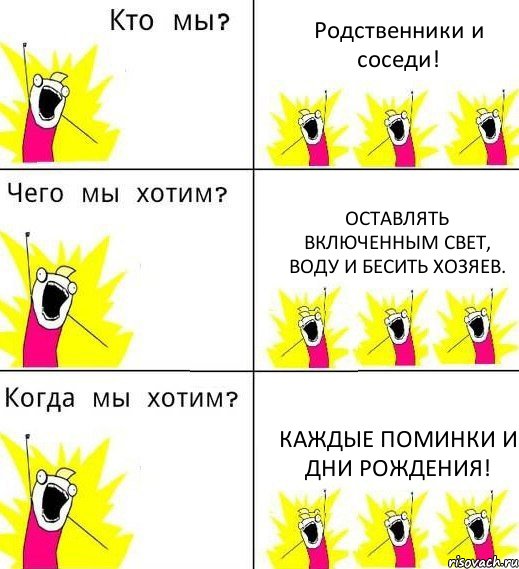 Родственники и соседи! Оставлять включенным свет, воду и бесить хозяев. Каждые поминки и дни рождения!, Комикс Что мы хотим