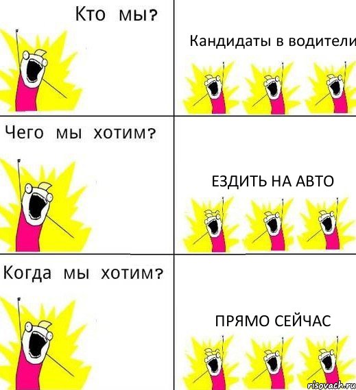 Кандидаты в водители Ездить на авто Прямо сейчас, Комикс Что мы хотим