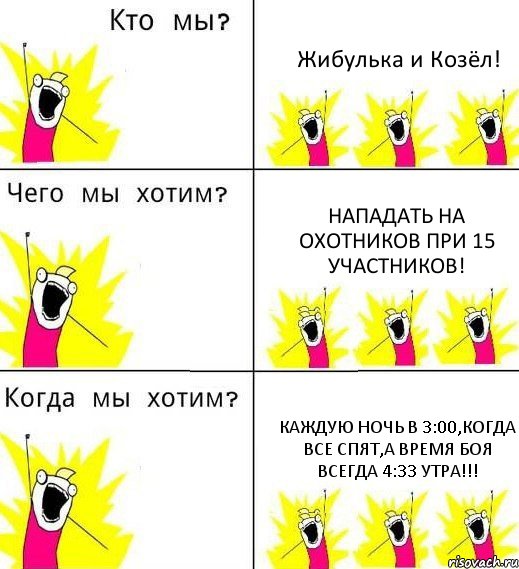 Жибулька и Козёл! Нападать на Охотников при 15 участников! Каждую ночь в 3:00,когда все спят,а время боя всегда 4:33 утра!!!, Комикс Что мы хотим