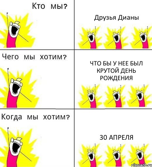 Друзья Дианы что бы у нее был крутой день рождения 30 апреля, Комикс Что мы хотим