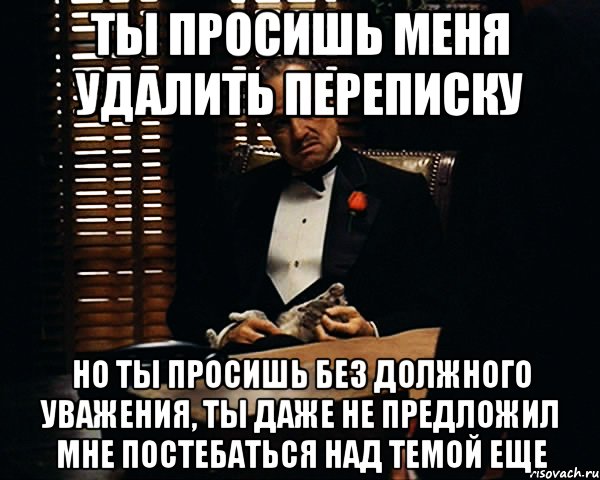 ты просишь меня удалить переписку но ты просишь без должного уважения, ты даже не предложил мне постебаться над темой еще, Мем Дон Вито Корлеоне