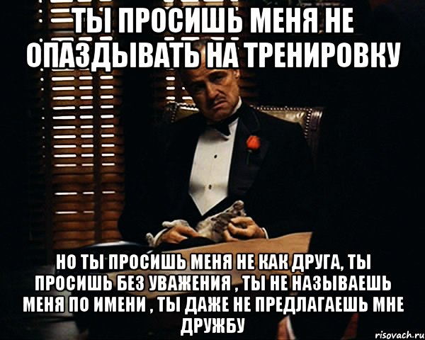 ты просишь меня не опаздывать на тренировку но ты просишь меня не как друга, ты просишь без уважения , ты не называешь меня по имени , ты даже не предлагаешь мне дружбу, Мем Дон Вито Корлеоне