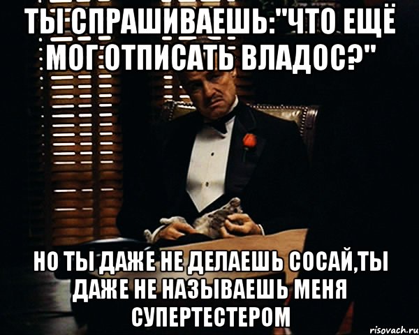 ты спрашиваешь:"что ещё мог отписать владос?" но ты даже не делаешь сосай,ты даже не называешь меня супертестером, Мем Дон Вито Корлеоне