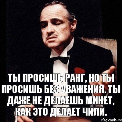 Ты просишь ранг, но ты просишь без уважения. Ты даже не делаешь минет, как это делает чили.