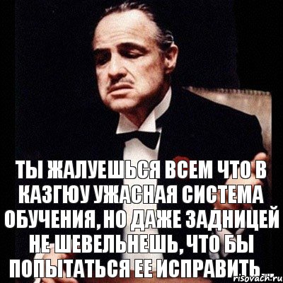 ты жалуешься всем что в Казгюу ужасная система обучения, но даже задницей не шевельнешь, что бы попытаться ее исправить...