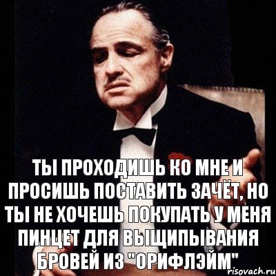 Ты проходишь ко мне и просишь поставить зачёт, но ты не хочешь покупать у меня пинцет для выщипывания бровей из "Орифлэйм"