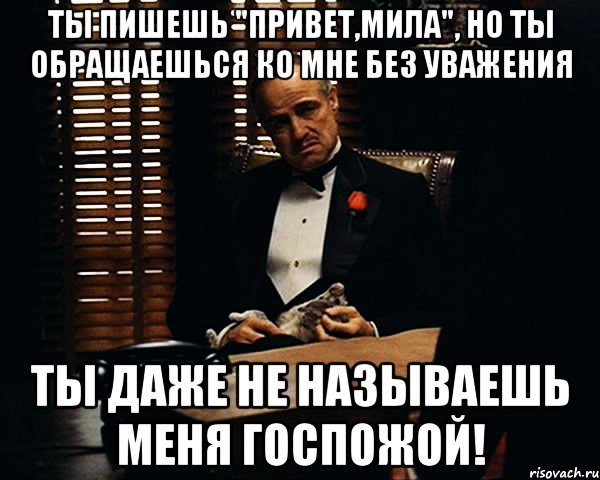 ты пишешь "привет,мила", но ты обращаешься ко мне без уважения ты даже не называешь меня госпожой!, Мем Дон Вито Корлеоне