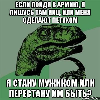 если пойдя в армию, я лишусь там яиц, или меня сделают петухом я стану мужиком или перестану им быть?, Мем Филосораптор