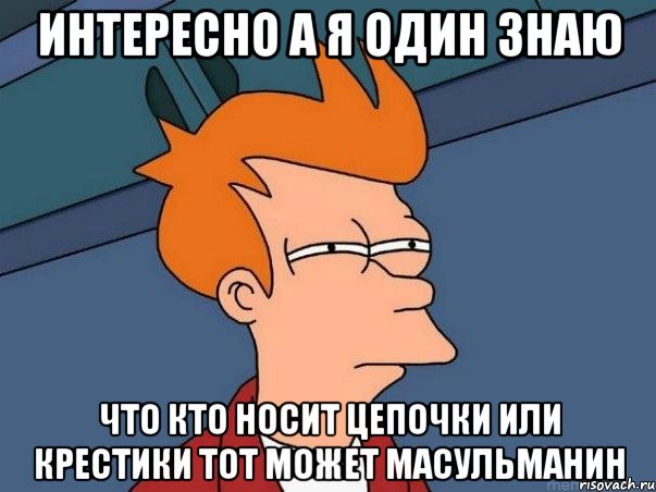 интересно а я один знаю что кто носит цепочки или крестики тот может масульманин, Мем  Фрай (мне кажется или)