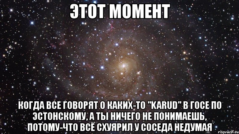 этот момент когда все говорят о каких-то "karud" в госе по эстонскому, а ты ничего не понимаешь, потому-что всё схуярил у соседа недумая, Мем  Космос (офигенно)