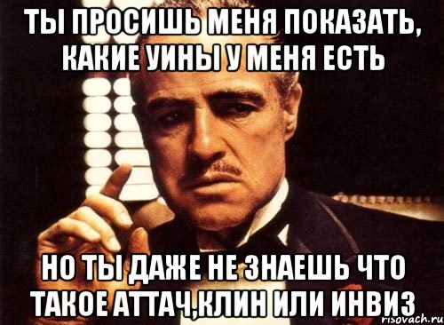 ты просишь меня показать, какие уины у меня есть но ты даже не знаешь что такое аттач,клин или инвиз, Мем крестный отец