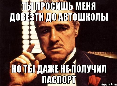 ты просишь меня довезти до автошколы но ты даже не получил паспорт, Мем крестный отец