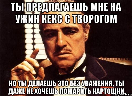 ты предлагаешь мне на ужин кекс с творогом но ты делаешь это без уважения, ты даже не хочешь пожарить картошки, Мем крестный отец