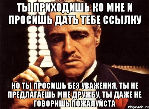 ты приходишь ко мне и просишь дать тебе ссылку но ты просишь без уважения, ты не предлагаешь мне дружбу, ты даже не говоришь пожалуйста, Мем крестный отец