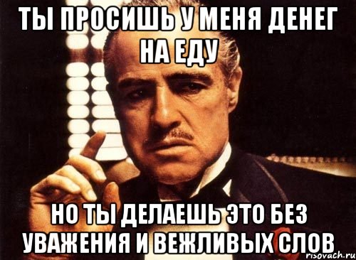 ты просишь у меня денег на еду но ты делаешь это без уважения и вежливых слов, Мем крестный отец