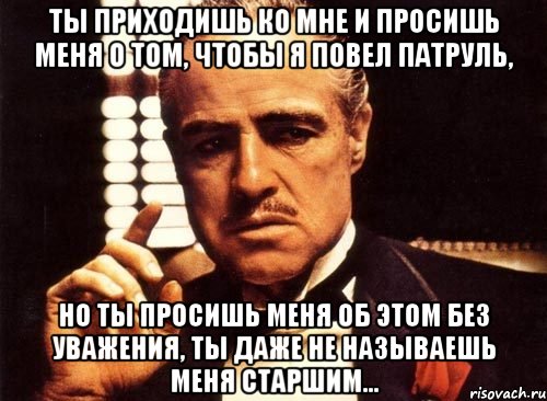 ты приходишь ко мне и просишь меня о том, чтобы я повел патруль, но ты просишь меня об этом без уважения, ты даже не называешь меня старшим..., Мем крестный отец