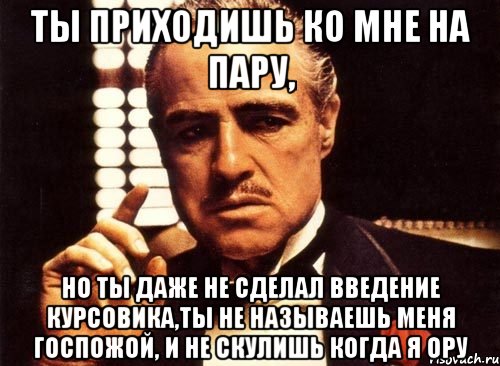 ты приходишь ко мне на пару, но ты даже не сделал введение курсовика,ты не называешь меня госпожой, и не скулишь когда я ору, Мем крестный отец