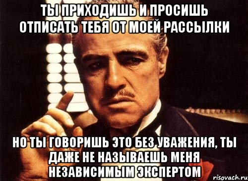 ты приходишь и просишь отписать тебя от моей рассылки но ты говоришь это без уважения, ты даже не называешь меня независимым экспертом, Мем крестный отец