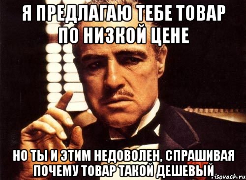 я предлагаю тебе товар по низкой цене но ты и этим недоволен, спрашивая почему товар такой дешевый, Мем крестный отец