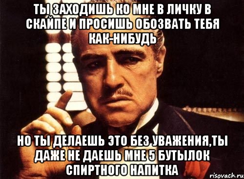 ты заходишь ко мне в личку в скайпе и просишь обозвать тебя как-нибудь но ты делаешь это без уважения,ты даже не даешь мне 5 бутылок спиртного напитка, Мем крестный отец