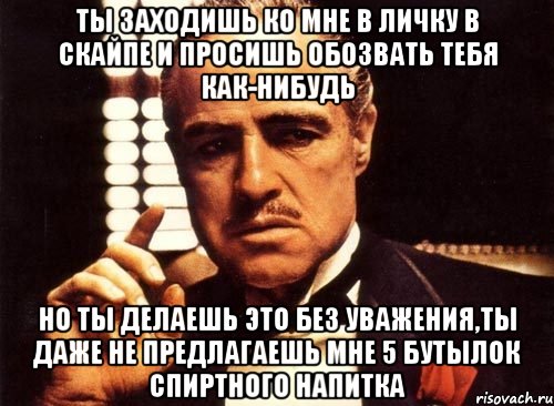 ты заходишь ко мне в личку в скайпе и просишь обозвать тебя как-нибудь но ты делаешь это без уважения,ты даже не предлагаешь мне 5 бутылок спиртного напитка, Мем крестный отец