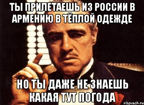 ты прилетаешь из россии в армению в тёплой одежде но ты даже не знаешь какая тут погода, Мем крестный отец