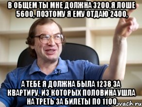 в общем ты мне должна 3200,я лоше 5600, поэтому я ему отдаю 2400, а тебе я должна была 1238 за квартиру, из которых половина ушла на треть за билеты по 1100