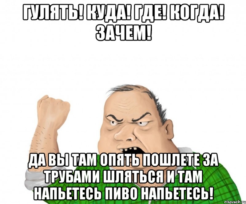 гулять! куда! где! когда! зачем! да вы там опять пошлете за трубами шляться и там напьетесь пиво напьетесь!