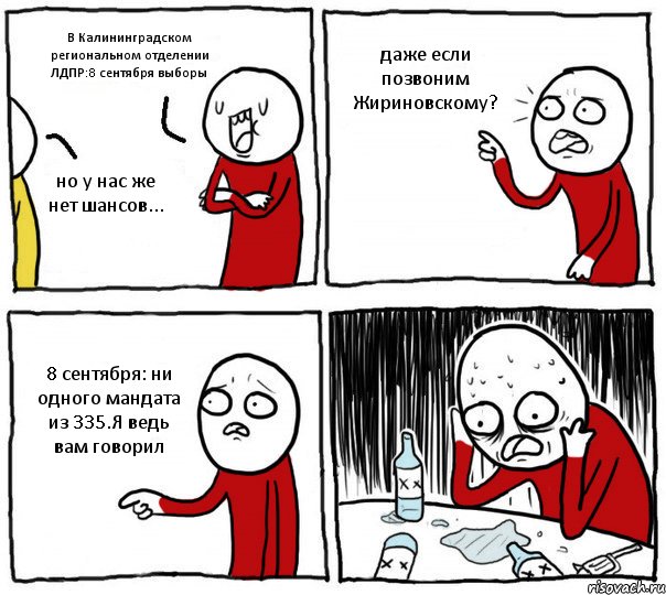 В Калининградском региональном отделении ЛДПР:8 сентября выборы но у нас же нет шансов... даже если позвоним Жириновскому? 8 сентября: ни одного мандата из 335.Я ведь вам говорил, Комикс Но я же