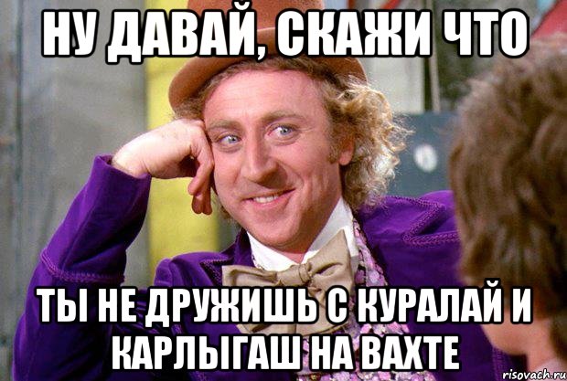 ну давай, скажи что ты не дружишь с куралай и карлыгаш на вахте, Мем Ну давай расскажи (Вилли Вонка)