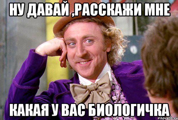 ну давай ,расскажи мне какая у вас биологичка, Мем Ну давай расскажи (Вилли Вонка)