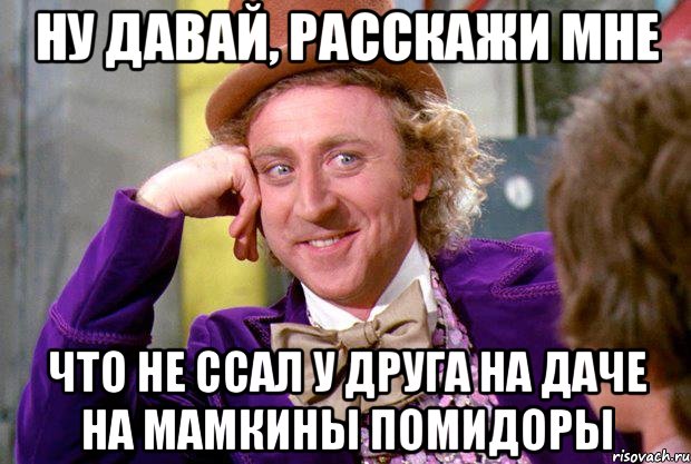 ну давай, расскажи мне что не ссал у друга на даче на мамкины помидоры, Мем Ну давай расскажи (Вилли Вонка)