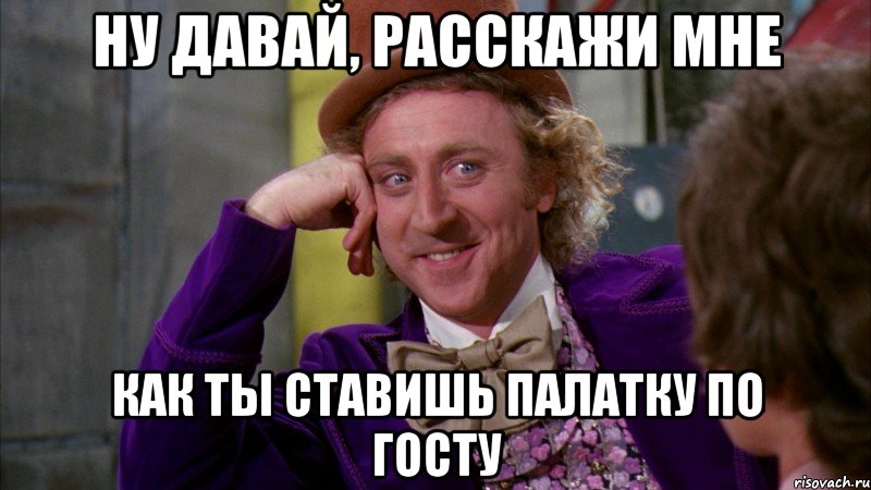 ну давай, расскажи мне как ты ставишь палатку по госту, Мем Ну давай расскажи (Вилли Вонка)