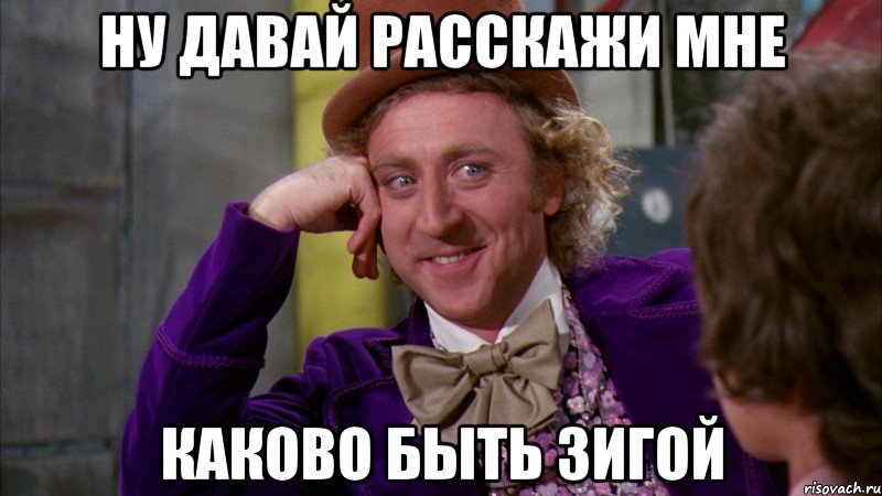 ну давай расскажи мне каково быть зигой, Мем Ну давай расскажи (Вилли Вонка)