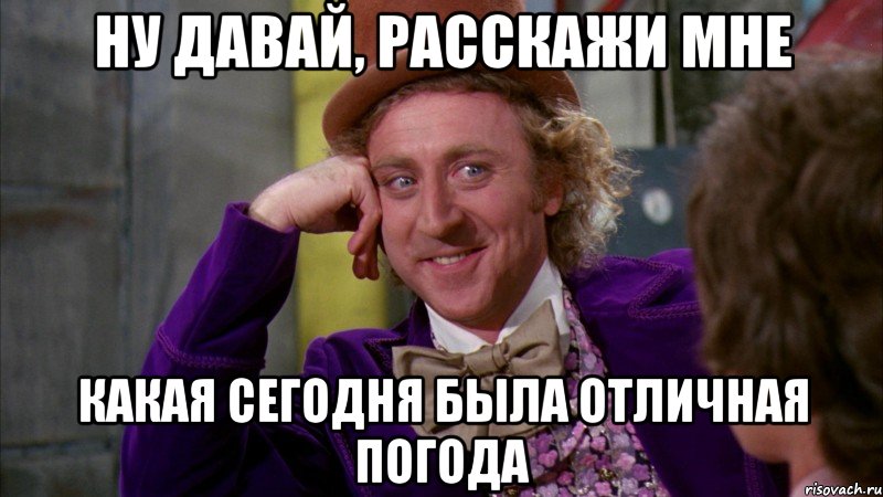 ну давай, расскажи мне какая сегодня была отличная погода, Мем Ну давай расскажи (Вилли Вонка)