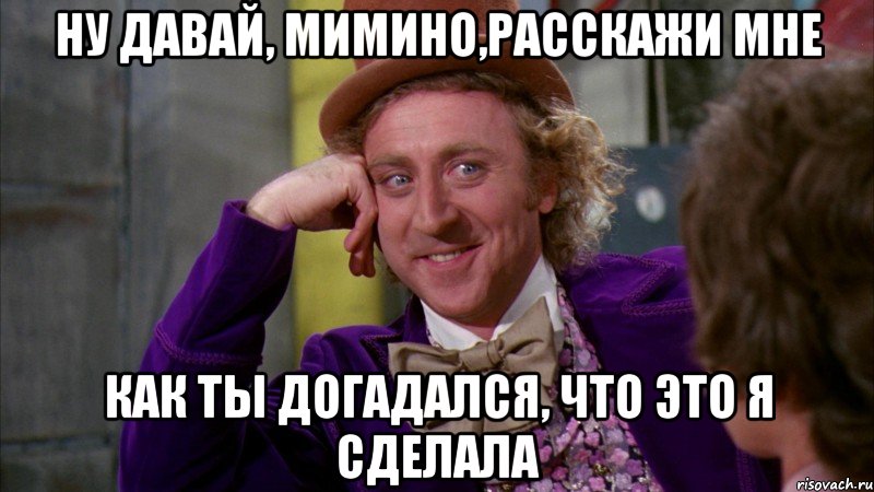 ну давай, мимино,расскажи мне как ты догадался, что это я сделала, Мем Ну давай расскажи (Вилли Вонка)